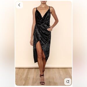 Ivory velvet faux wrap with slit, high low dress small v neck
Small